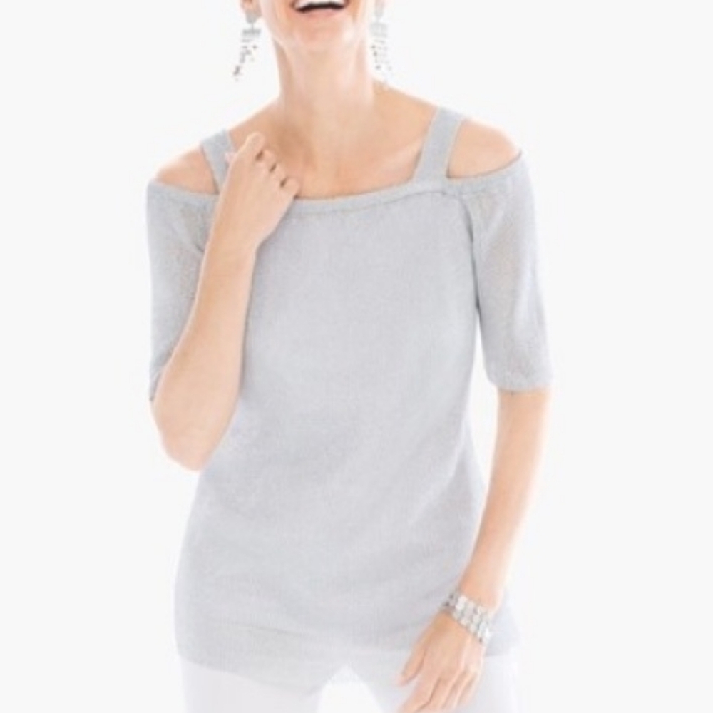COLD SHOULDER TOP 3/4 SLEEVE IN SILVER BY CHICO'S